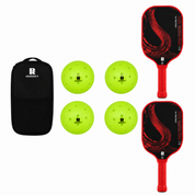 Pickleball paddle set with 2 Dragon Slayer T800 carbon fiber paddles, 4 yellow outdoor pickleballs and black RUKKET carry case