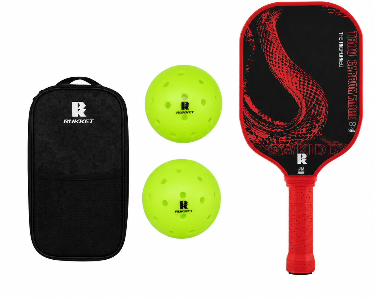 Pickleball paddle set with 1 Dragon Slayer T800 carbon fiber paddle, 2 yellow outdoor pickleballs and black RUKKET carry case