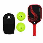Pickleball paddle set with 1 Dragon Slayer T800 carbon fiber paddle, 2 yellow outdoor pickleballs and black RUKKET carry case