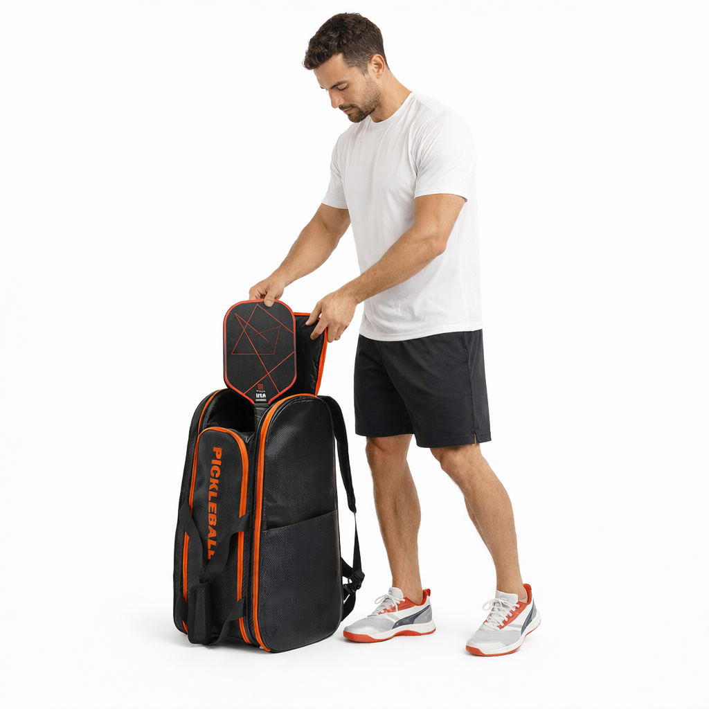 Male pickleball player in athletic wear sliding a paddle into the main compartment of a large black and orange PickleballDoor pickleball backpack against a white studio background