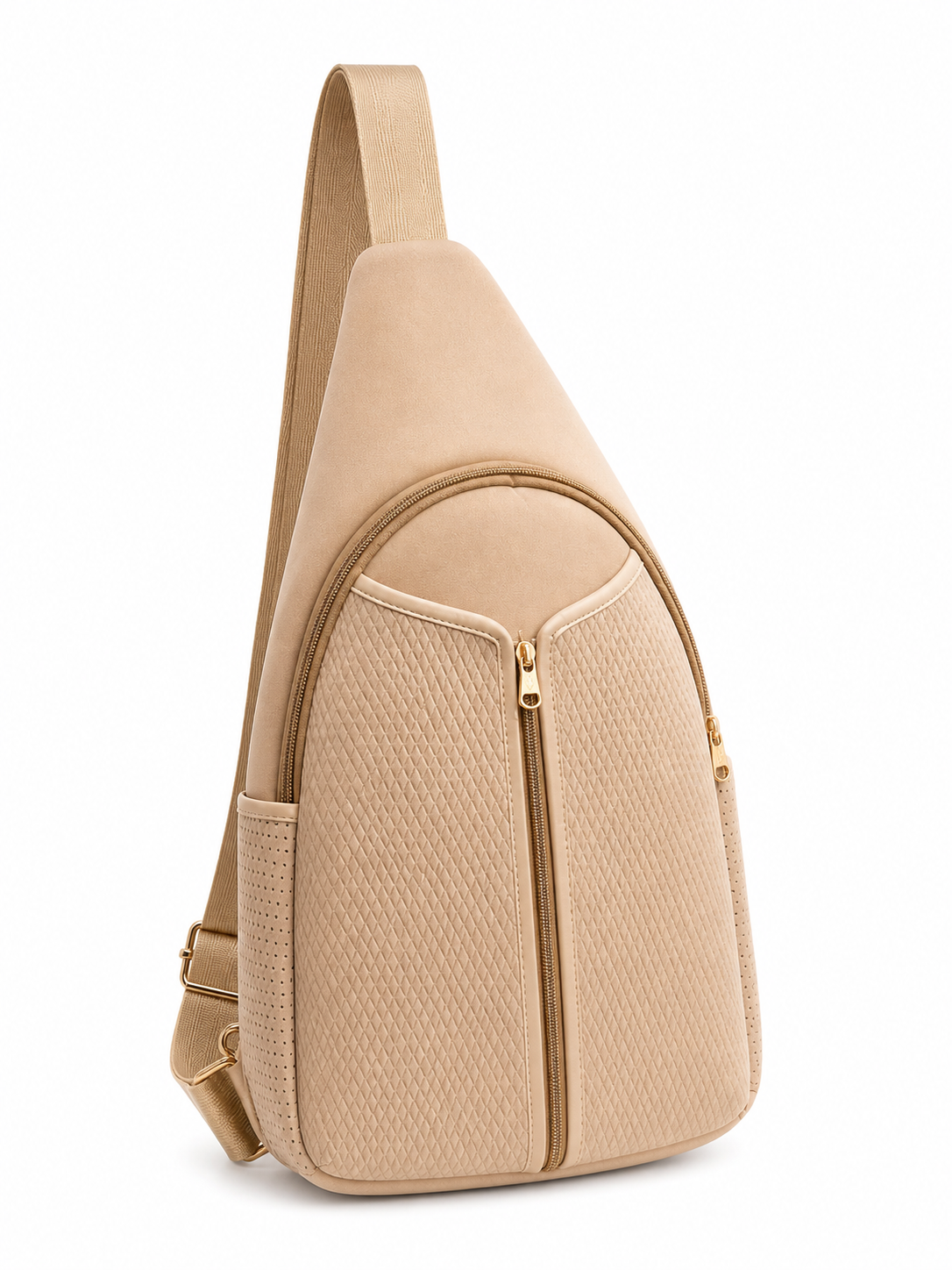 Side view of beige neoprene pickleball sling bag with adjustable strap worn crossbody 