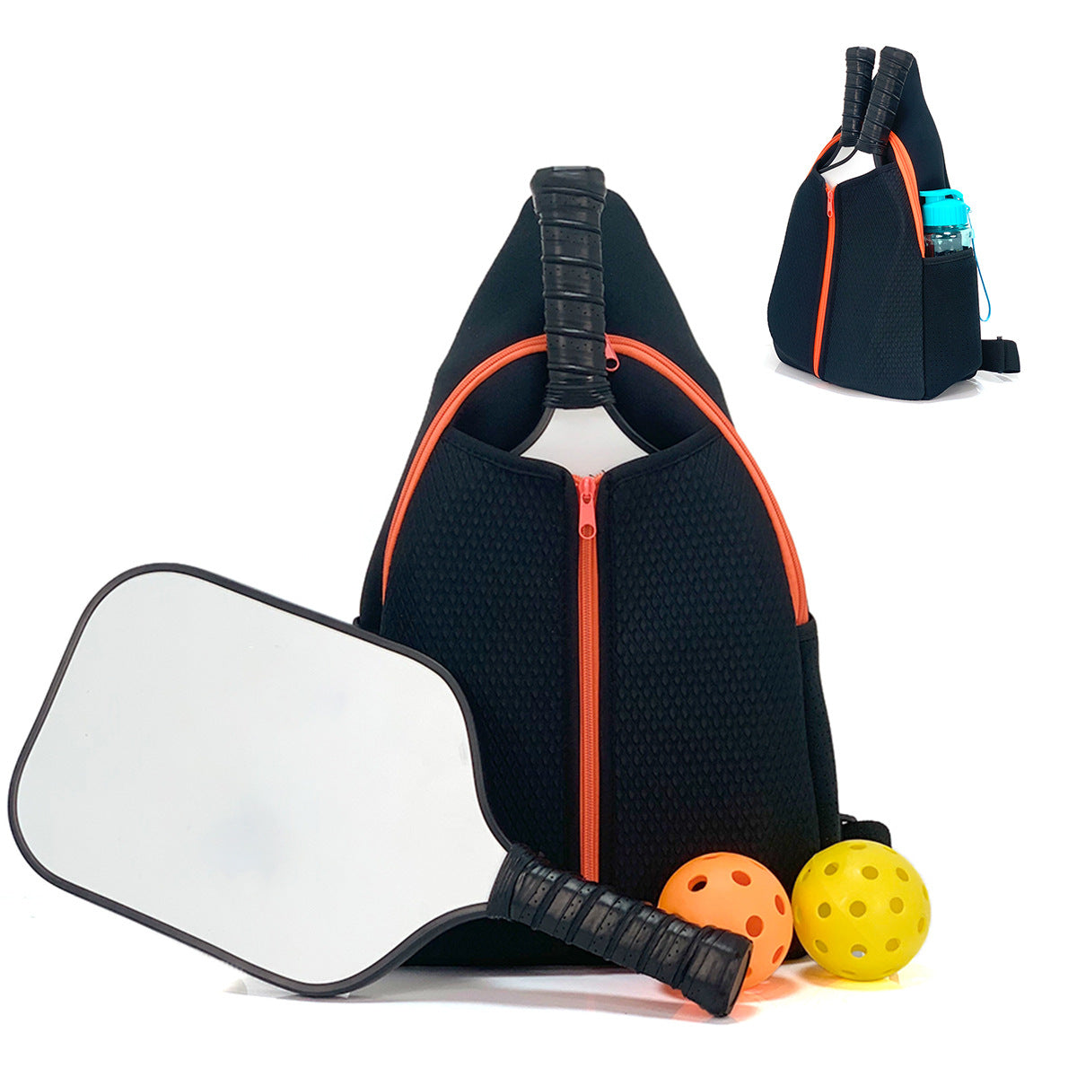 Black neoprene pickleball sling bag with honeycomb texture front panel, front orange zipper pocket and adjustable crossbody strap