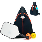 Black neoprene pickleball sling bag with honeycomb texture front panel, front orange zipper pocket and adjustable crossbody strap
