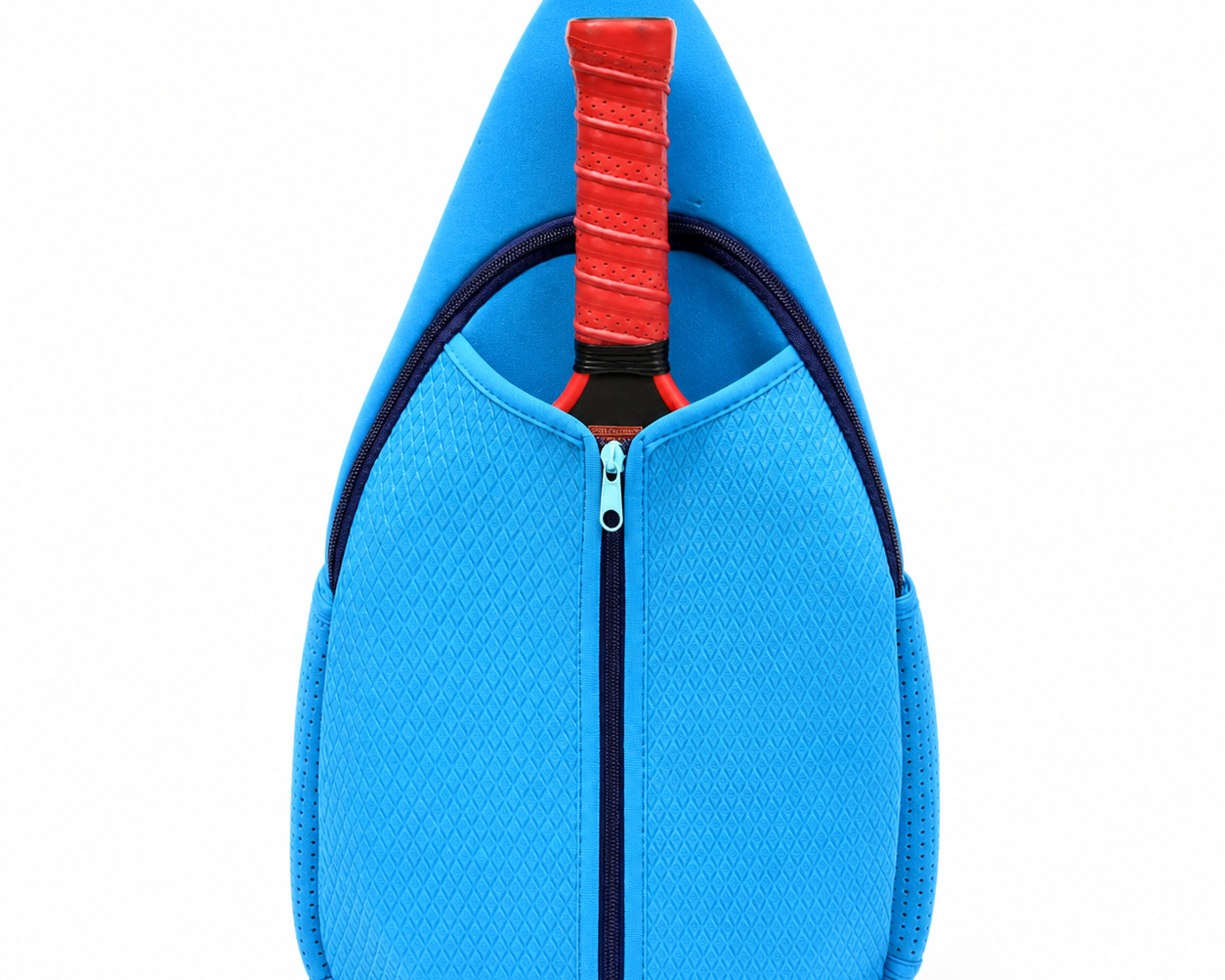 Front view blue neoprene pickleball sling bag crossbody with paddle inserted in open-top compartment