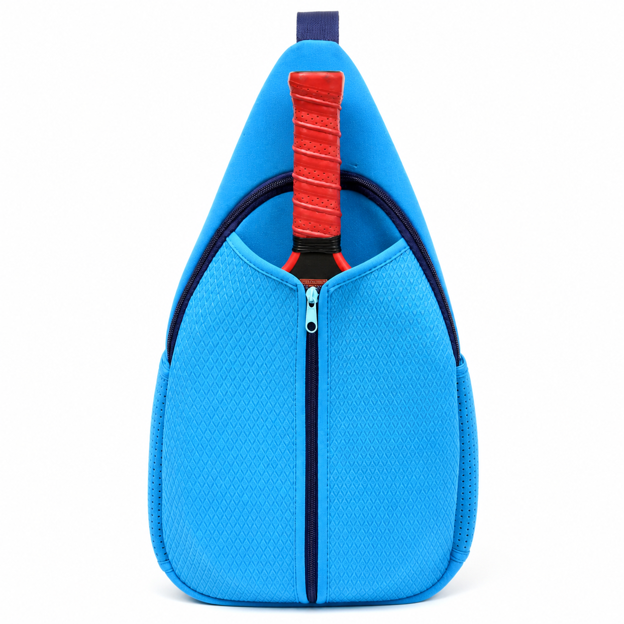 Front view blue neoprene pickleball sling bag crossbody with paddle inserted in open-top compartment