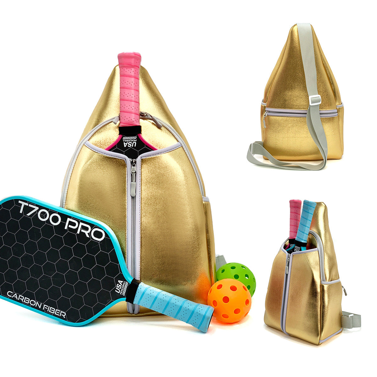 Gold neoprene pickleball sling bag with honeycomb texture and adjustable crossbody strap shown with paddle and pickleball