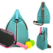 Light blue neoprene pickleball sling bag with honeycomb texture and adjustable crossbody strap shown with paddle and pickleball
