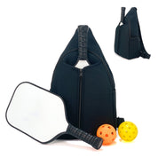 Marine neoprene pickleball sling bag with honeycomb texture and adjustable crossbody strap shown with paddle and pickleballs