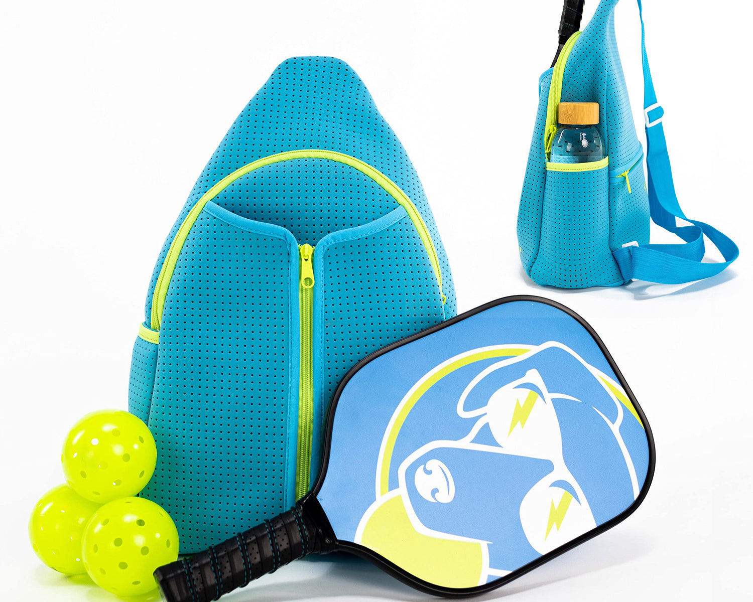 Fluo blue neoprene pickleball sling bag with honeycomb texture, open-top paddle compartment and adjustable crossbody strap shown with paddle and balls