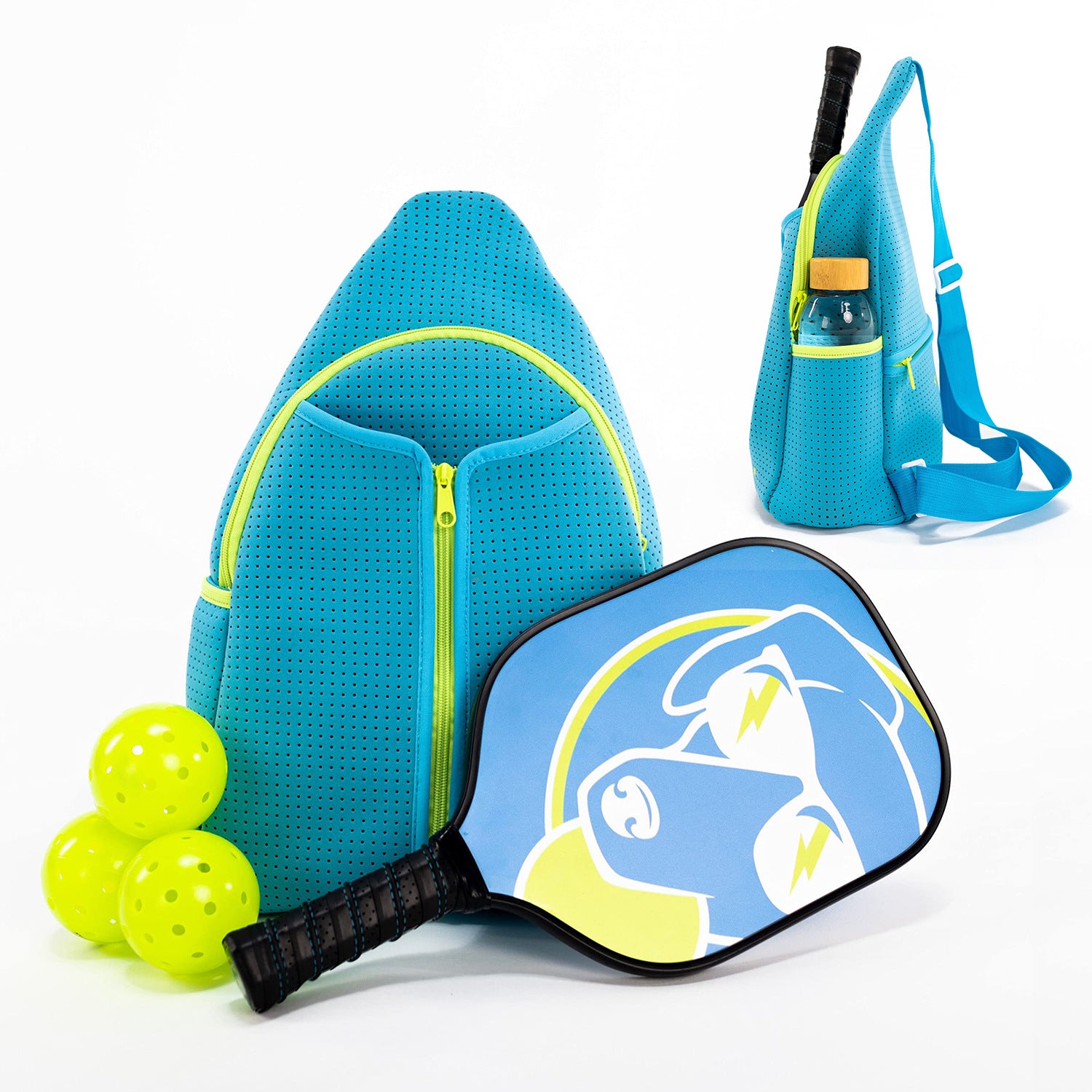 Fluo blue neoprene pickleball sling bag with honeycomb texture, open-top paddle compartment and adjustable crossbody strap shown with paddle and balls