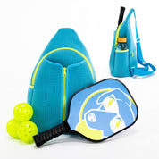 Fluo blue neoprene pickleball sling bag with honeycomb texture, open-top paddle compartment and adjustable crossbody strap shown with paddle and balls