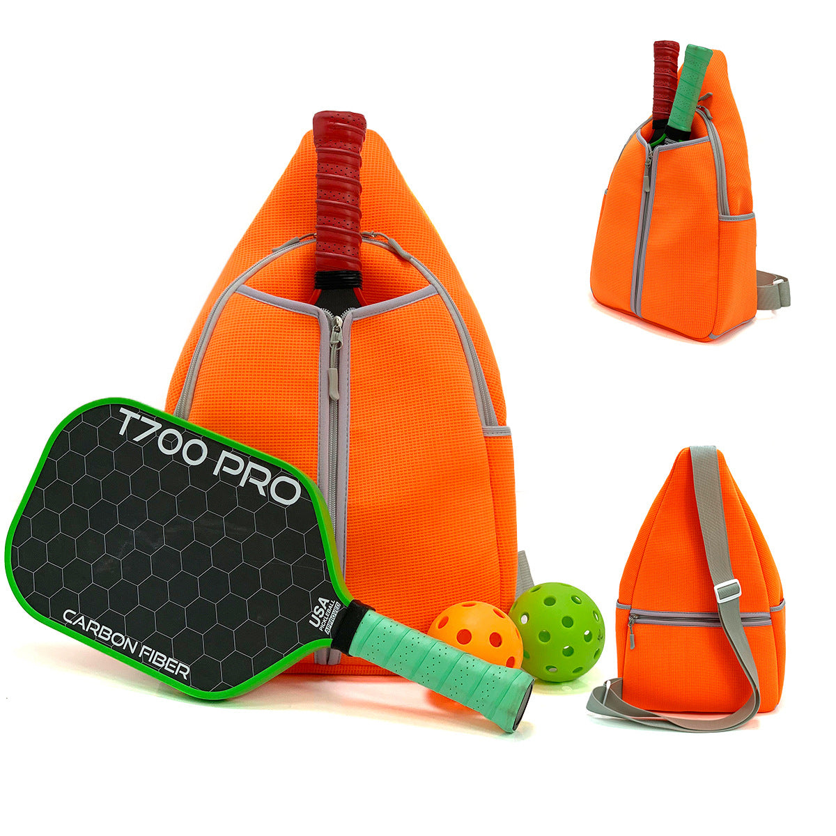 Orange neoprene pickleball sling bag with honeycomb texture front panel and adjustable crossbody strap shown with paddle and balls