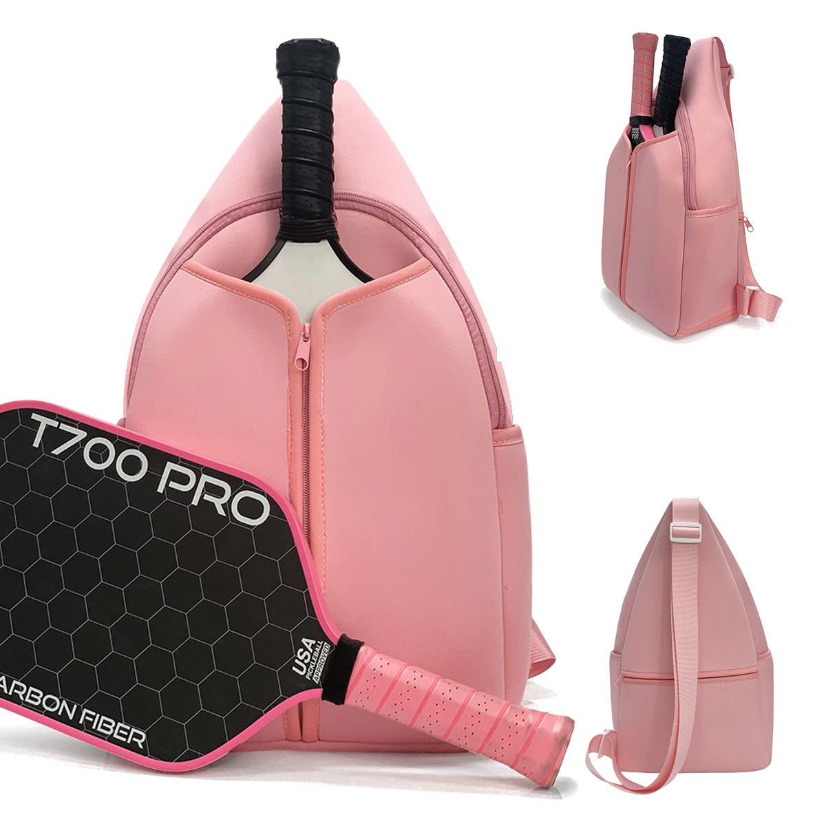 Close-up of pink neoprene pickleball sling bag with honeycomb texture, front zipper pocket and adjustable crossbody strap