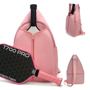 Close-up of pink neoprene pickleball sling bag with honeycomb texture, front zipper pocket and adjustable crossbody strap