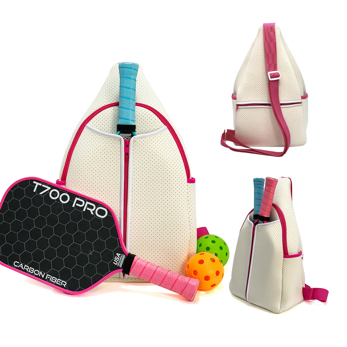 White neoprene pickleball sling bag with honeycomb texture front panel, front zipper pocket and adjustable crossbody strap