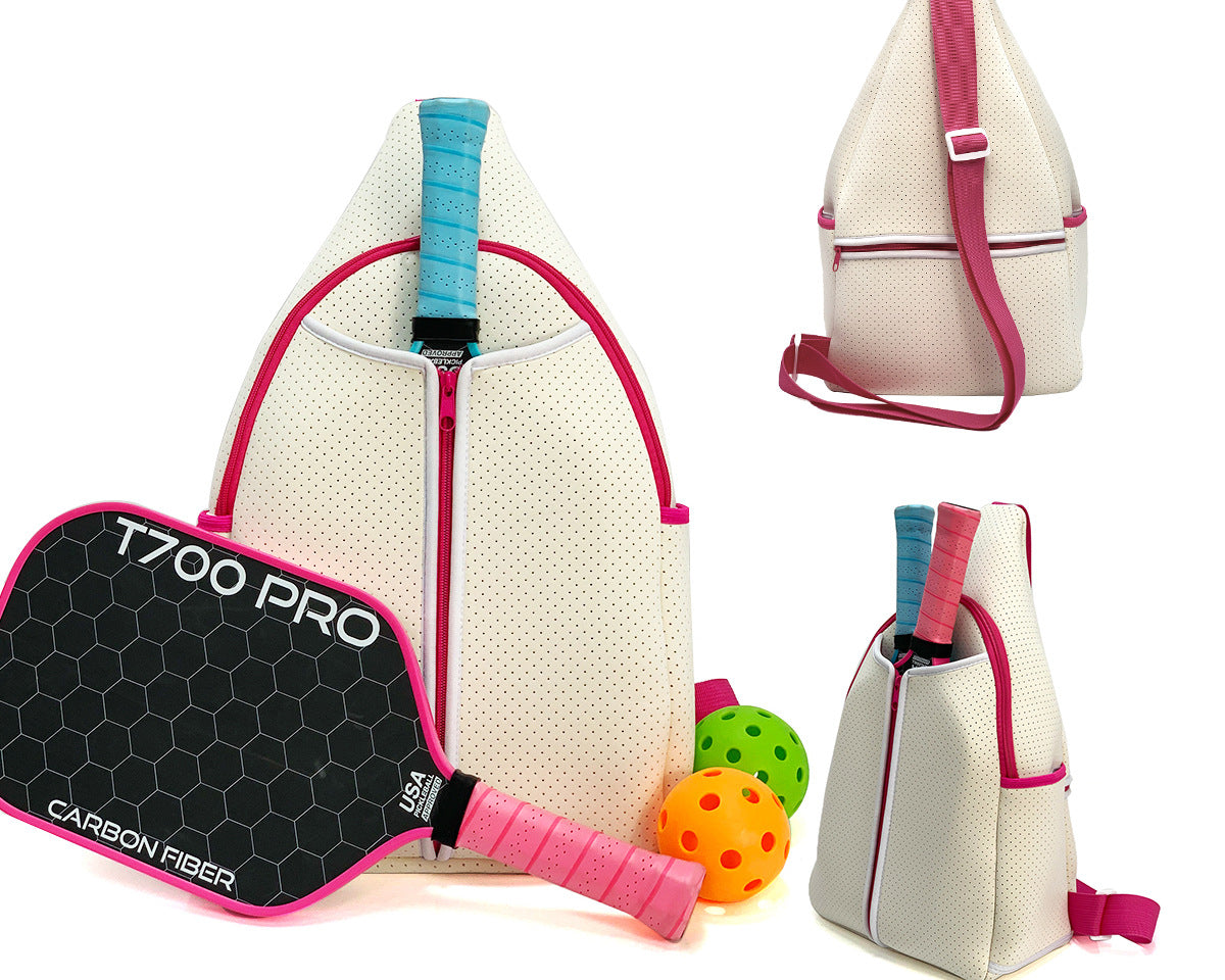 White neoprene pickleball sling bag with honeycomb texture front panel, front zipper pocket and adjustable crossbody strap