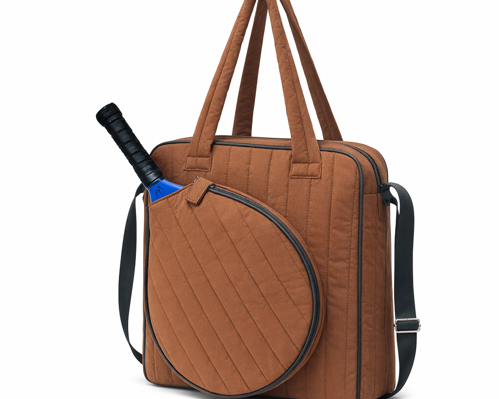 Brown 10L pickleball tote bag with diagonal quilted stitching and blue pickleball paddle sticking out of the front pocket, three-quarter angle view