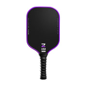 Prism V7 carbon fiber pickleball paddle in purple with T700 matte surface, premium TPU edge guard and anti-slip black handle