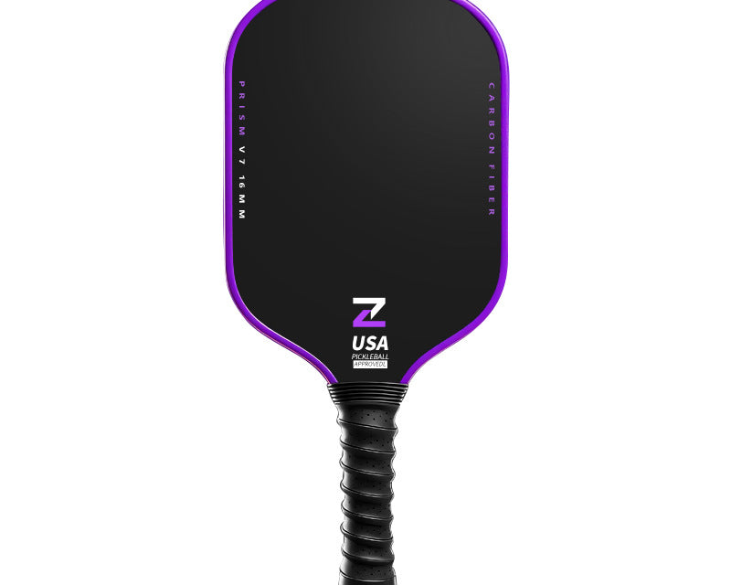 Prism V7 carbon fiber pickleball paddle in purple with T700 matte surface, premium TPU edge guard and anti-slip black handle