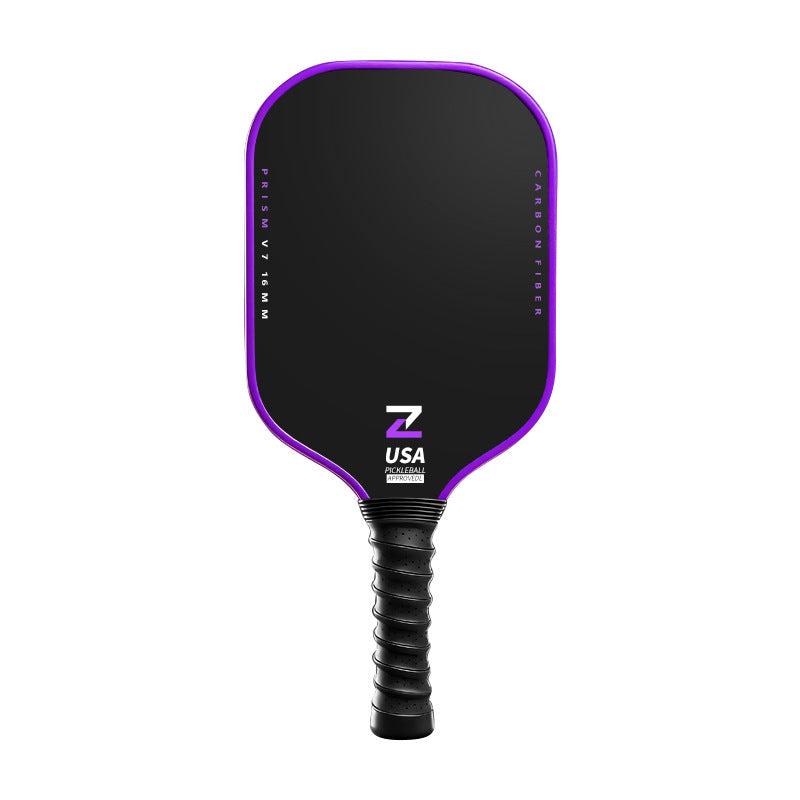 Prism V7 carbon fiber pickleball paddle in purple with T700 matte surface, premium TPU edge guard and anti-slip black handle