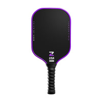 Prism V7 carbon fiber pickleball paddle in purple with T700 matte surface, premium TPU edge guard and anti-slip black handle