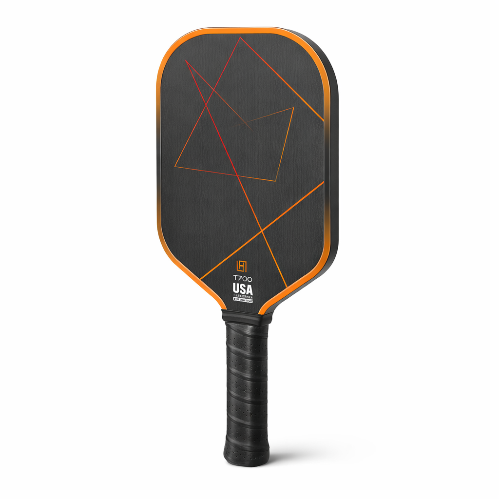 orange carbon fiber pickleball paddle with gradient orange geometric lines and orange edge guard, T700 surface