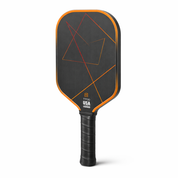 orange carbon fiber pickleball paddle with gradient orange geometric lines and orange edge guard, T700 surface
