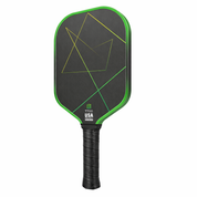 Green T700 carbon fiber pickleball paddle with multicolor geometric lines and black edge guard