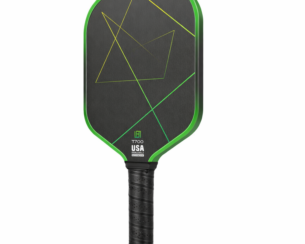 Green T700 carbon fiber pickleball paddle with multicolor geometric lines and black edge guard
