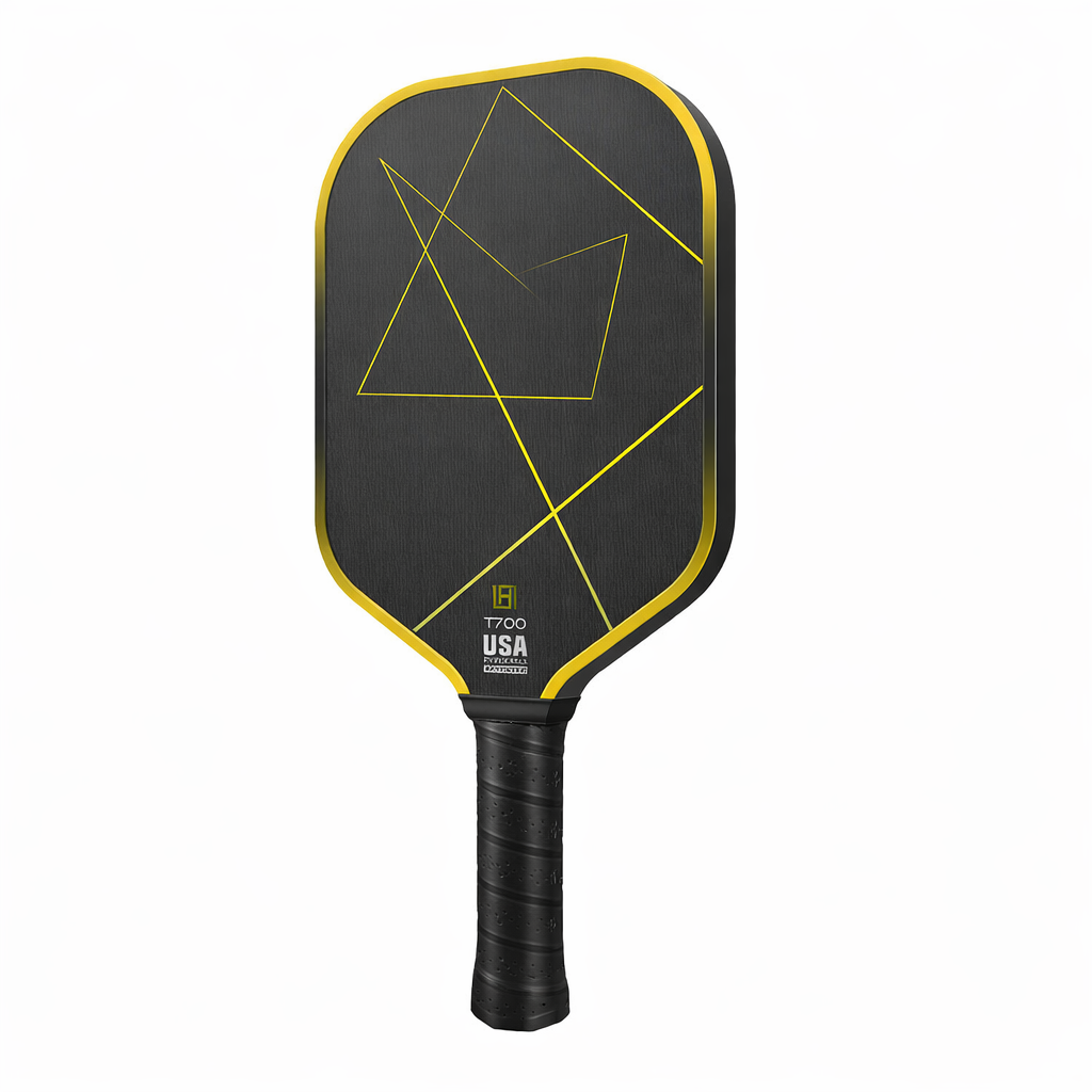 Yellow carbon fiber pickleball paddle with lime yellow-green geometric pattern and black edge guard, T700 surface