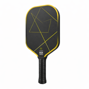 Yellow carbon fiber pickleball paddle with lime yellow-green geometric pattern and black edge guard, T700 surface