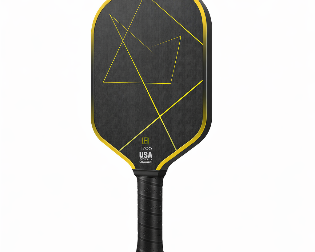 Yellow carbon fiber pickleball paddle with lime yellow-green geometric pattern and black edge guard, T700 surface