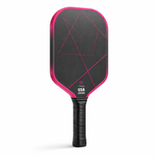 Pink carbon fiber pickleball paddle with fuchsia pink geometric lines and hot pink edge guard, T700 surface