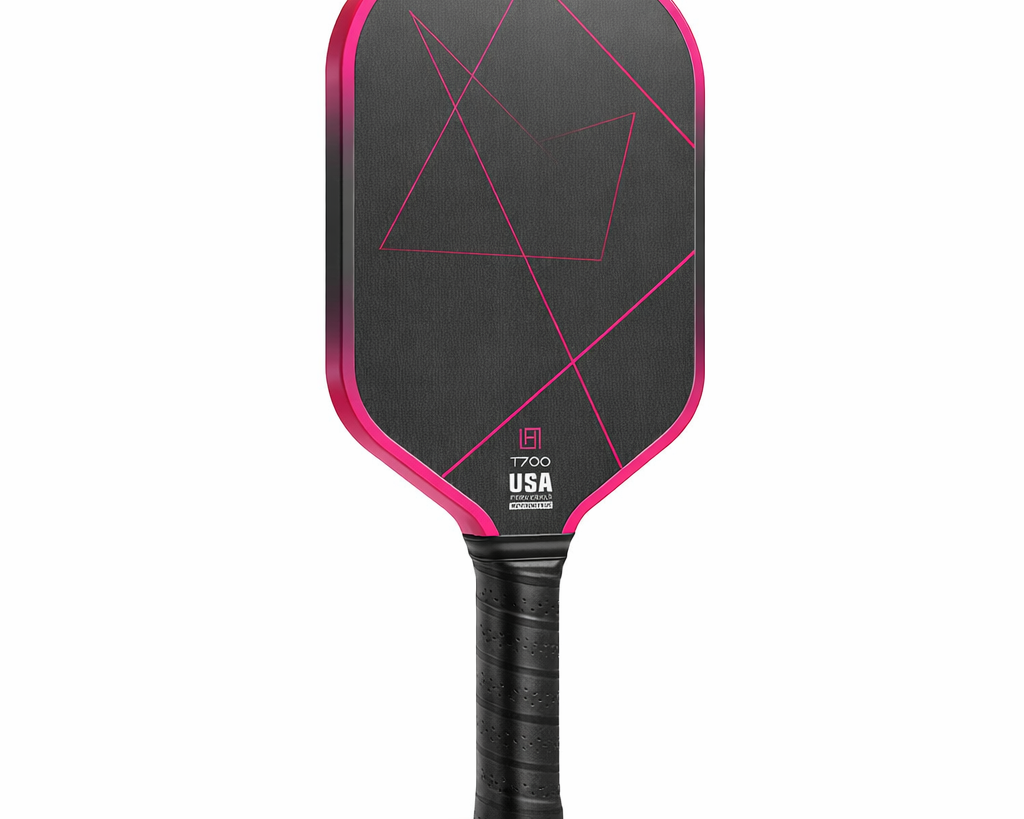 Pink carbon fiber pickleball paddle with fuchsia pink geometric lines and hot pink edge guard, T700 surface
