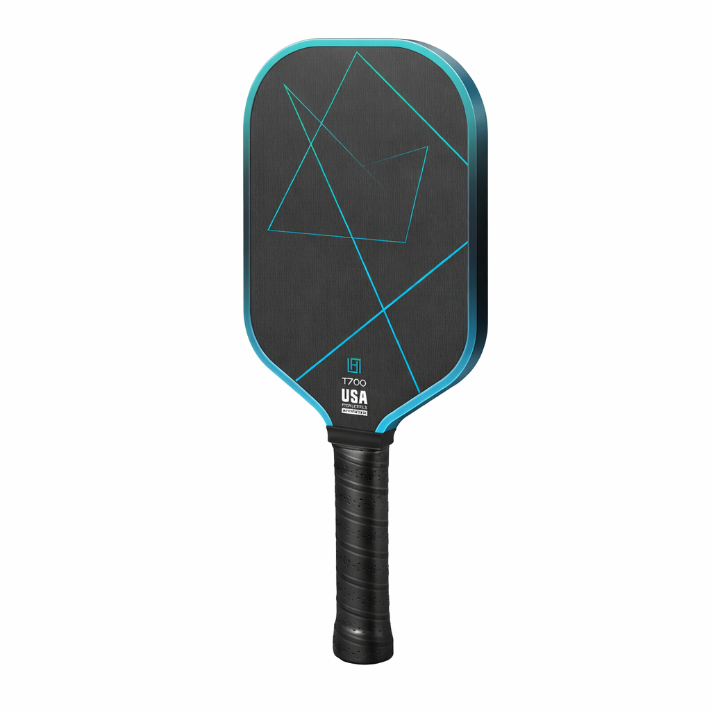 Blue carbon fiber pickleball paddle with teal cyan geometric lines and teal edge guard, T700 surface, USA Pickleball approved