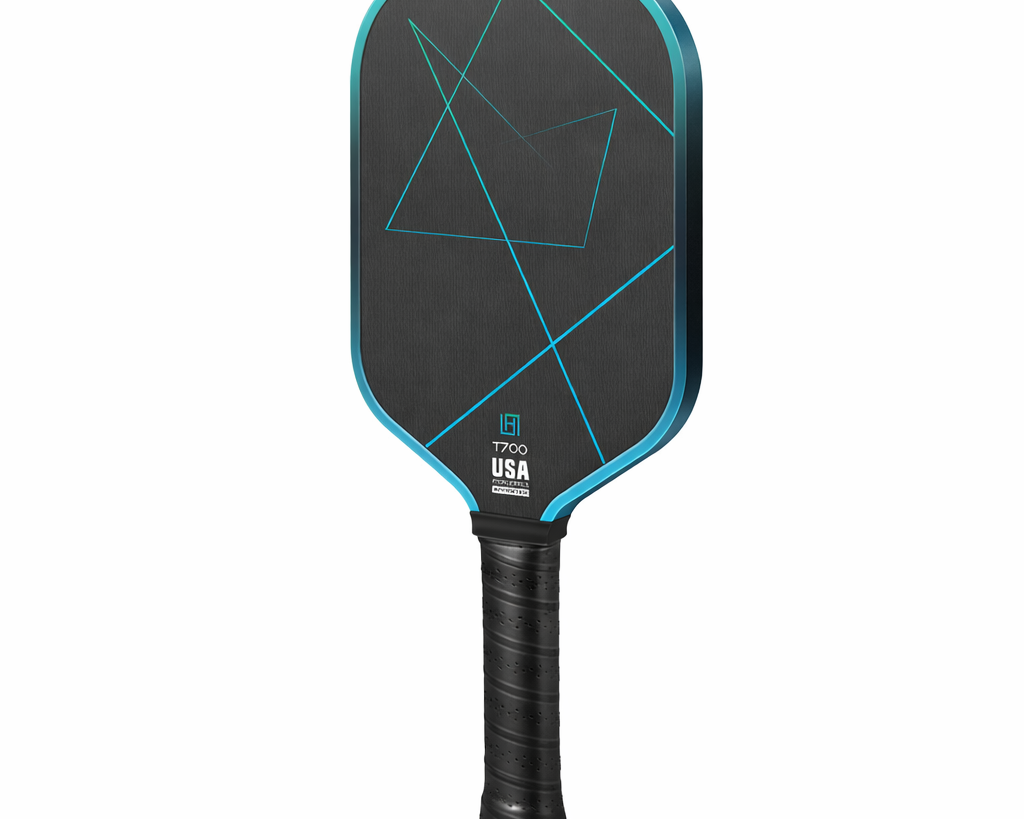 Blue carbon fiber pickleball paddle with teal cyan geometric lines and teal edge guard, T700 surface, USA Pickleball approved