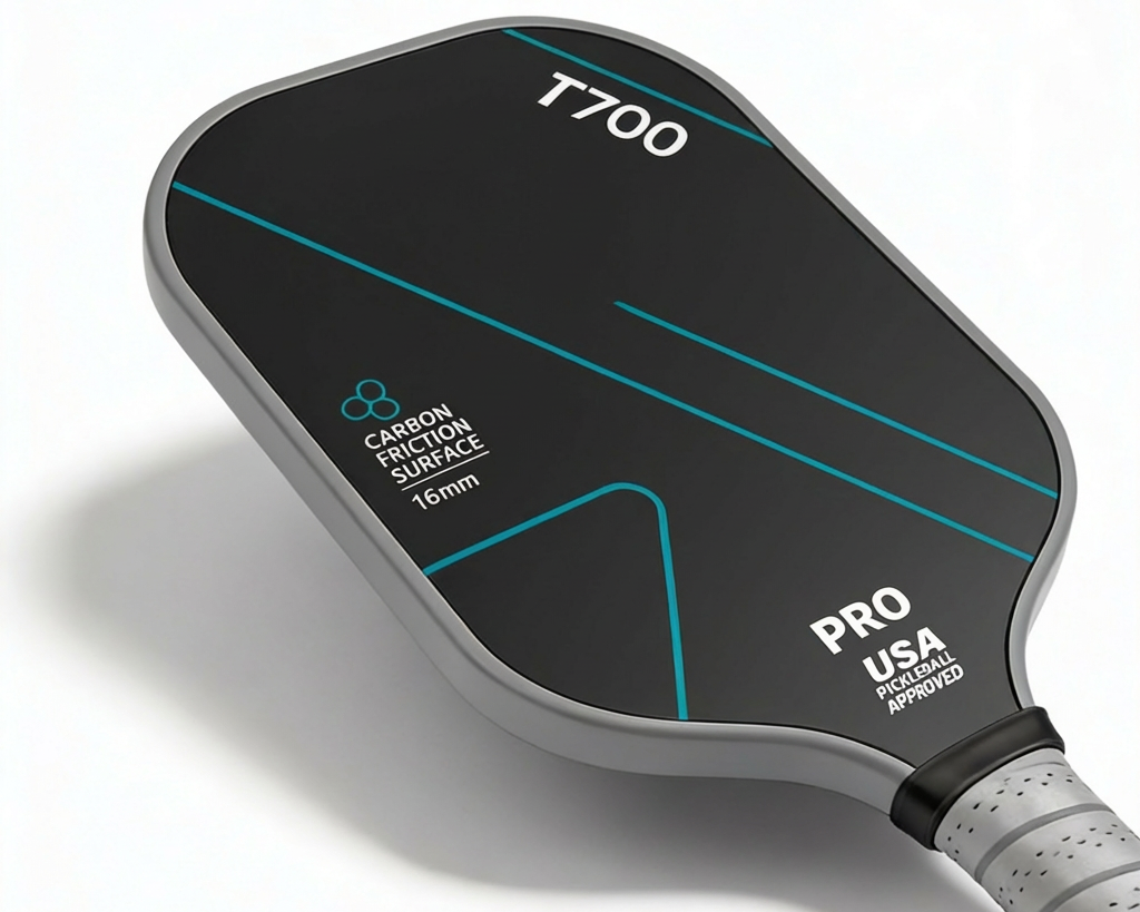 A close-up view of a 16mm carbon fiber pickleball paddle with a textured black surface and ergonomic grip.