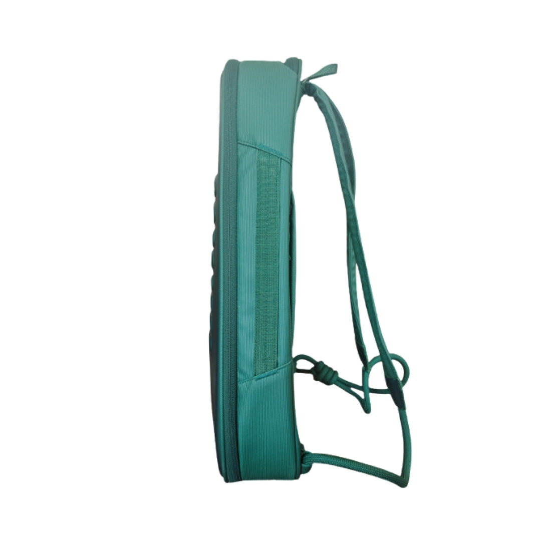 Side view of green pickleball backpack showing slim ergonomic design and structure