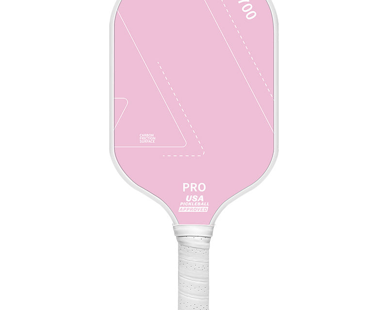 Pink carbon fiber 16mm training pickleball paddle with white grip and T700 surface, front view