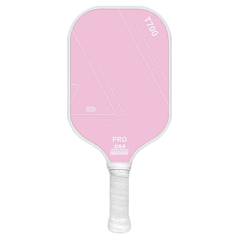 Pink carbon fiber 16mm training pickleball paddle with white grip and T700 surface, front view