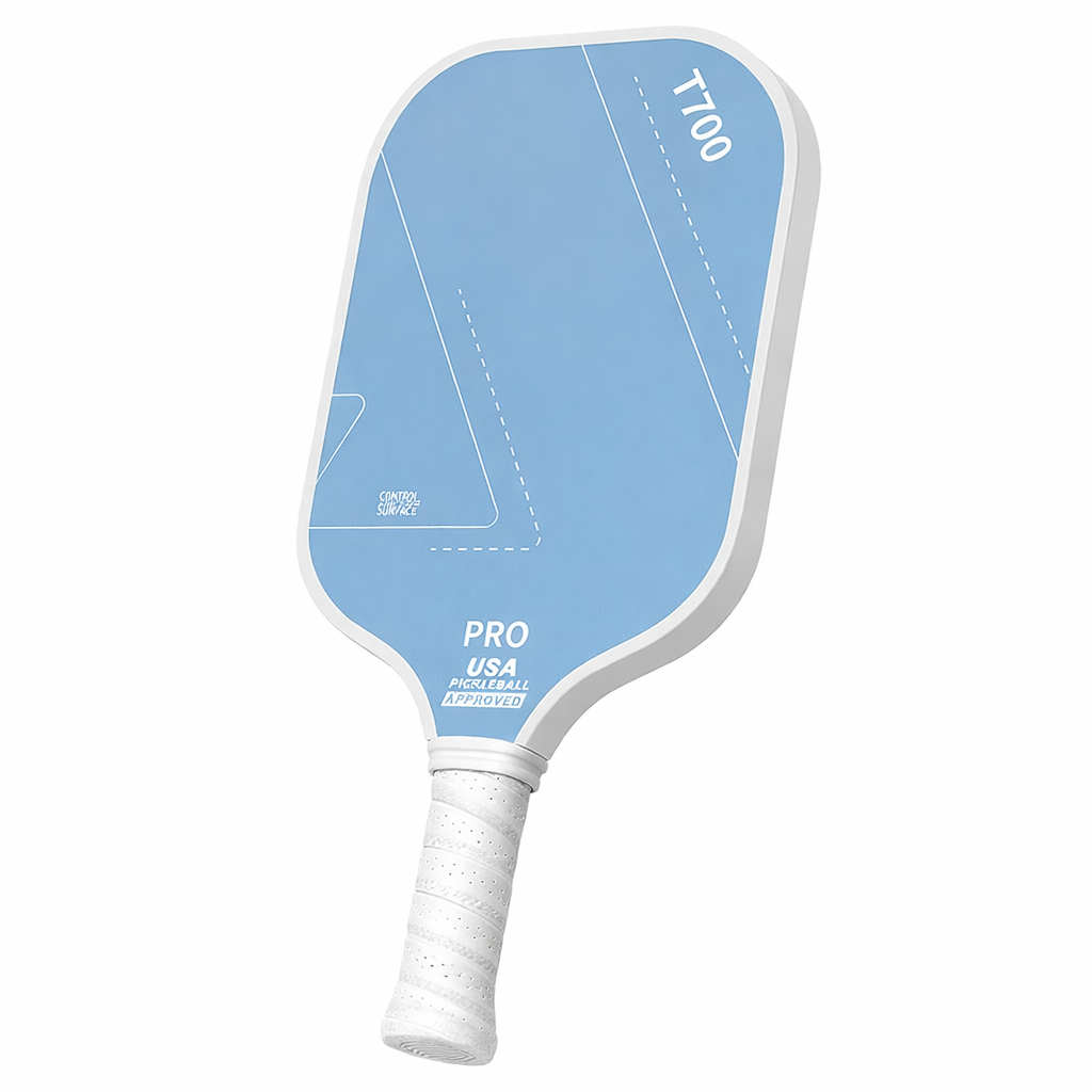 Blue 16mm carbon fiber pickleball training paddle with white handle, angled product view