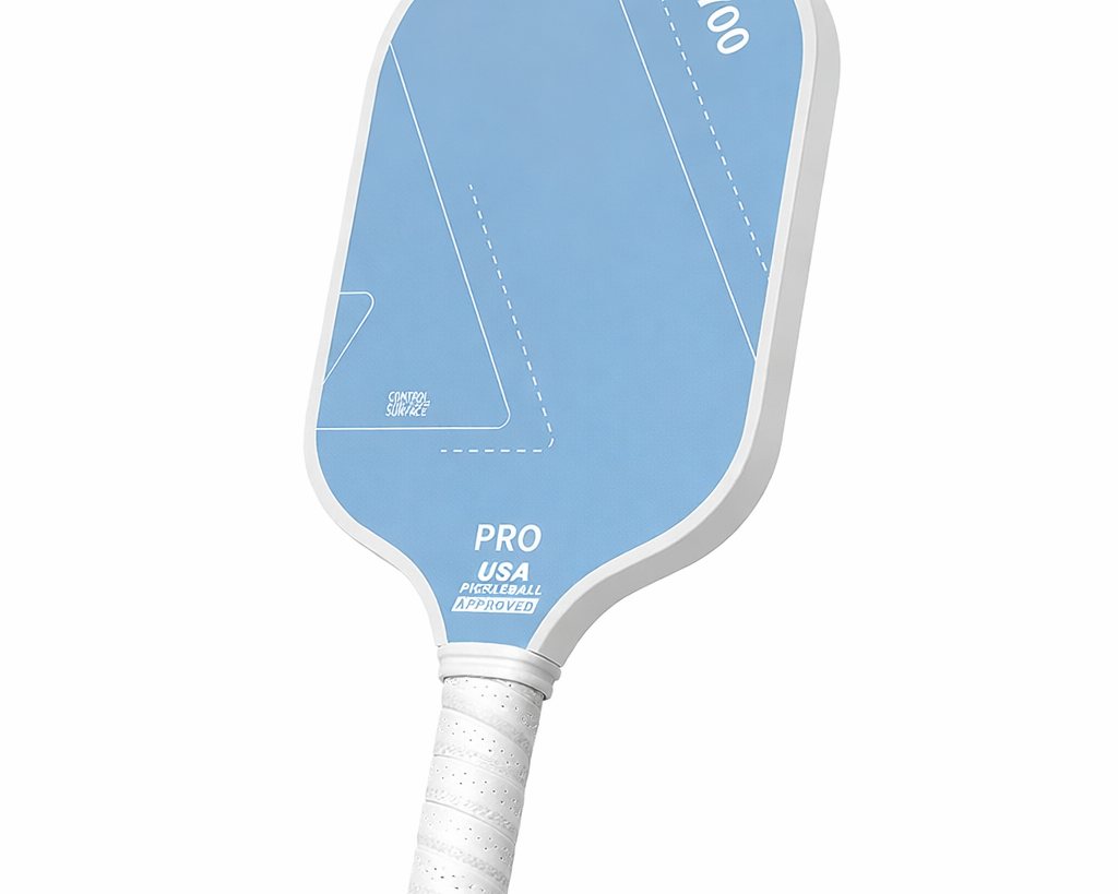Blue 16mm carbon fiber pickleball training paddle with white handle, angled product view