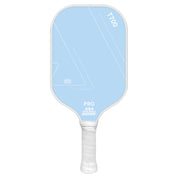 Light blue carbon fiber 16mm training pickleball paddle with white grip, front view