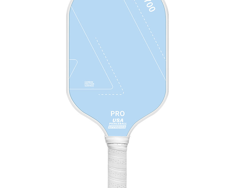 Light blue carbon fiber 16mm training pickleball paddle with white grip, front view