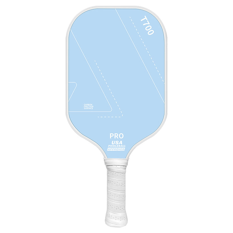 Light blue carbon fiber 16mm training pickleball paddle with white grip, front view