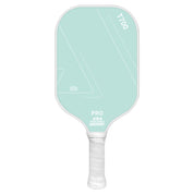 Mint green carbon fiber 16mm training pickleball paddle with white grip, front view