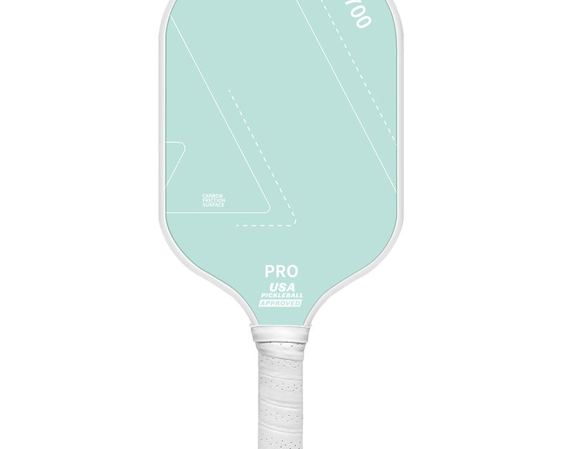 Mint green carbon fiber 16mm training pickleball paddle with white grip, front view