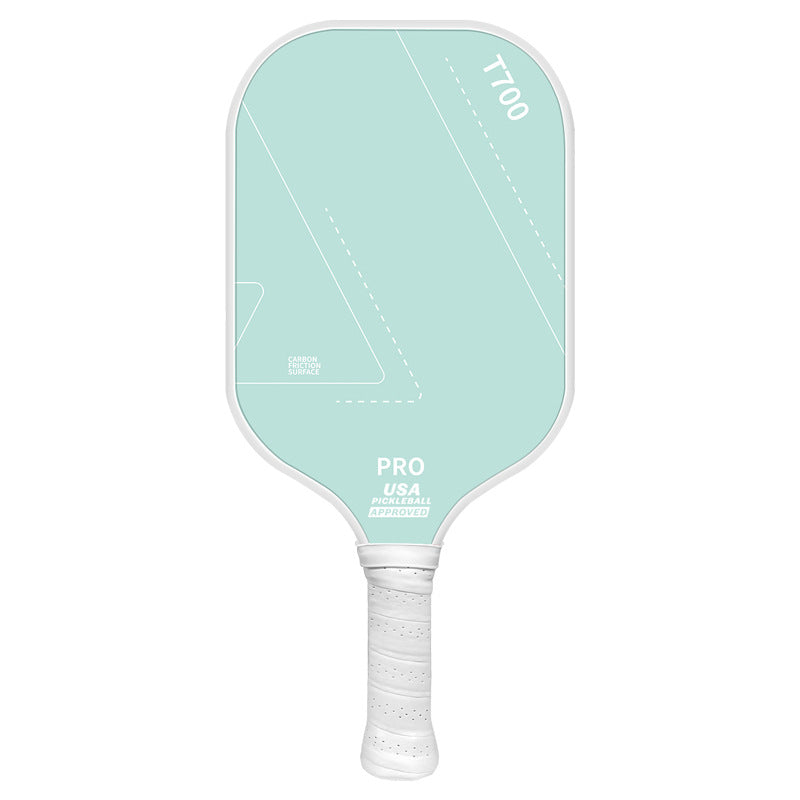 Mint green carbon fiber 16mm training pickleball paddle with white grip, front view