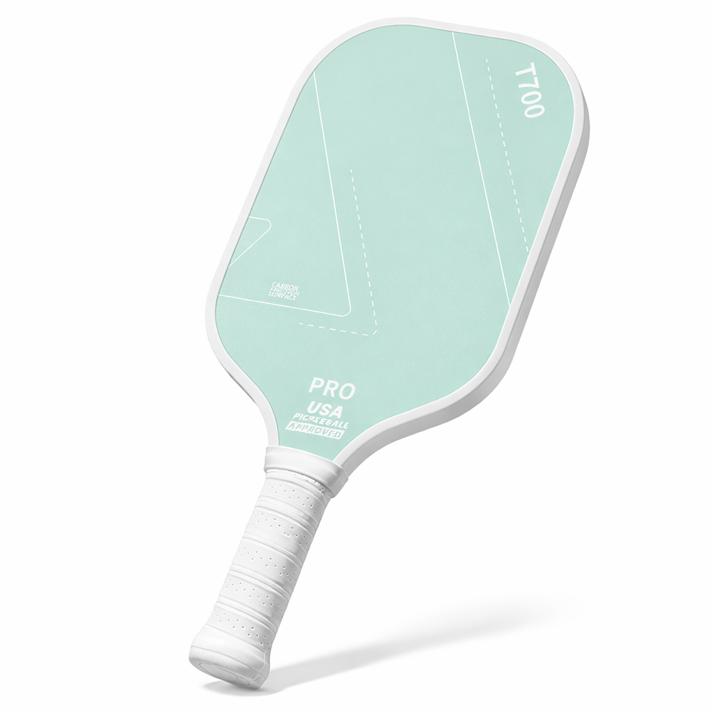 Pale mint green 16mm carbon fiber pickleball training paddle with cushioned white handle