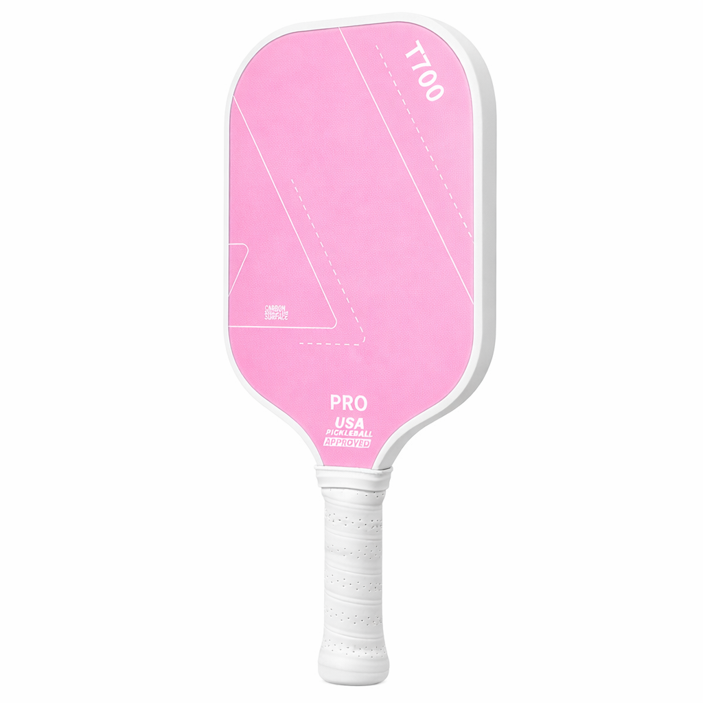 Pink 16mm carbon fiber pickleball training paddle with white handle, angled view